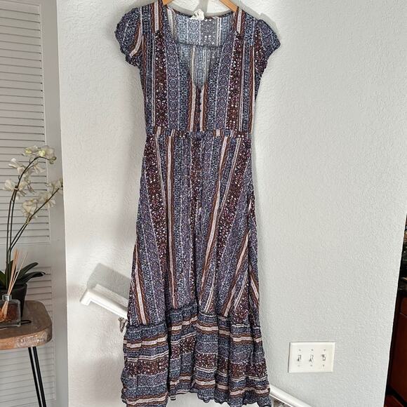 Jaase Midi Dress Button Up Purple Brown Fall Fairy Romantic Boho Prairie Peasant - Picture 1 of 9